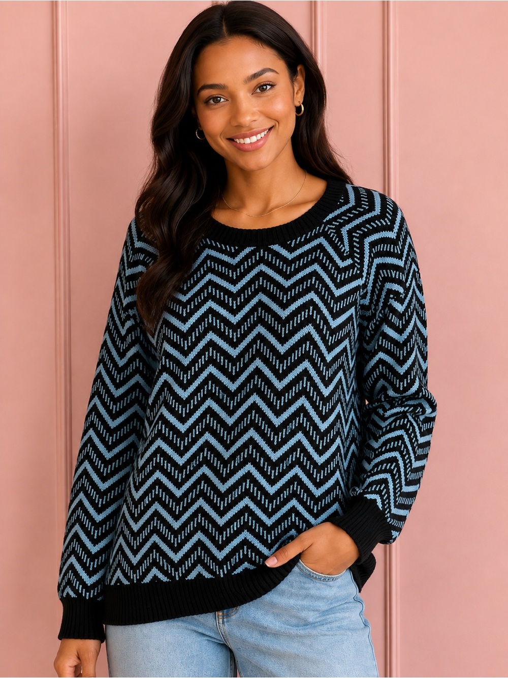 Urban Outfitters KOTO Black Blue Chevron Knit Crewneck Sweater Geometric. Size M